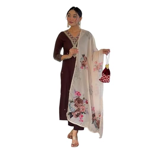Image of Naixa Women's Rayon Slub Embroidered Straight Kurta with Pant and Dupatta Sets (Available in Plus Size) (NX-675)