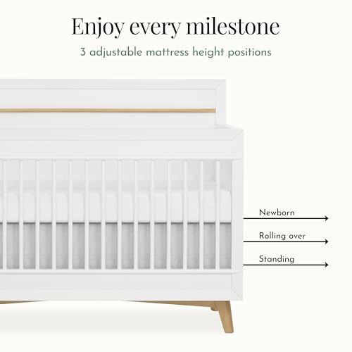 Image of Evolur Loft Antilia Mid-Century 4-in-1 Convertible Crib in White & Natural, GREENGUARD Gold Certified, Converts to Toddler Bed, Daybed & Full Bed, Fits Standard Crib Mattress, Adjustable Mattress Base