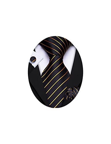 Image of Barry.Wang Tie Sets for Men Silk Stripe Necktie Woven Checkered Handkerchief Cufflinks Formal Business Wedding