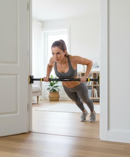 Image of DOORWAY PULL UP BAR FOR HOME WORKOUT, ADJUSTABLE NO-SCREW MECHANISM, NON-SLIP FOAM GRIP, HEAVY DUTY 200KG LOAD CAPACITY, UPPER BODY EXERCISE EQUIPMENT FOR MEN AND WOMEN