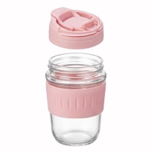 Image of Leak Proof Glass Travel Coffee and Juice Mug with Lid & Straw, Anti-Slip Silicone Band, Glass Travel Coffee Cup with Silicone Sleeve and Lid, Pink, Reusable Mug.