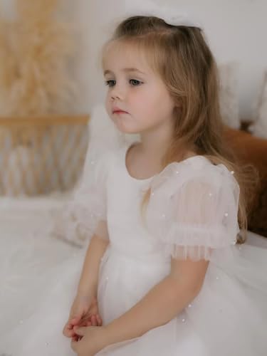 Pearl Tulle Flower Girl Dress for Wedding Puff Sleeves Satin Ball Gowns V Back Knee Length Princess Birthday Dress4