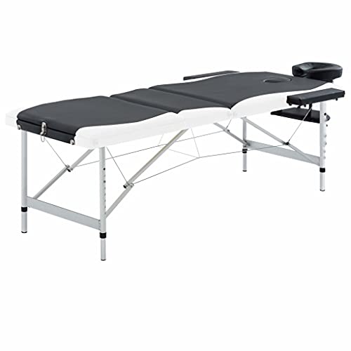 aphrophina 3-Zone Foldable Massage Table Adjustable Height, Portable with Bag, Faux Leather Cushion, Black and White