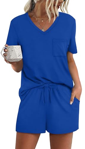 Image of RUBZOOF Women's Short Sleeve Pajama Sets with Pockets Casual V Neck 2 Piece Lounge Sets S-3XL
