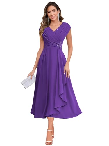 Image of SOLODISH Mother of the Bride Dresses for Wedding Tea Length Chiffon A Line Formal Wedding Guest Party Gown