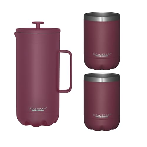Scanpan TO GO French Press Coffee Maker 1.0L (Persian Red) + 2 Vacuum Cups 350 mL (Persian Red) – 18/8 Food Grade Stainless Steel – Scratch-Free Coating – Dishwasher Safe