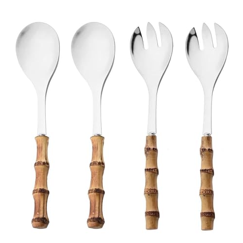 Set di posate – 4 pezzi cucchiaio da insalata con manico lungo forchetta forchetta cucchiaio da portata con manici in legno di bambù e stoviglie in acciaio inox