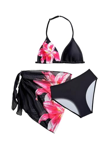 Girl's 3 Piece Floral Swimsuit Halter Triangle Bikini with Mesh Cover Up Skirt