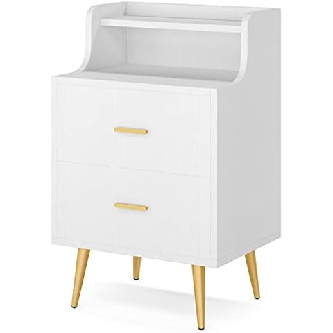 Tribesigns White Nightstand, Modern Bedside Table with 2 Drawers, Nightstands with heightened Shelves, Tall Nightstand with Golden Metal Legs, Bed Night Table for Bedroom, Big Wooden Night Stand Cover