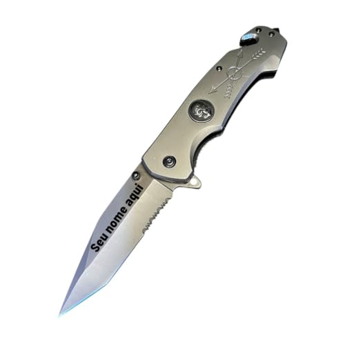 Canivete Tático Semiautomático com Gravação Personalizada, Lâmina em Aço Inox, Cabo em Metal Cinza