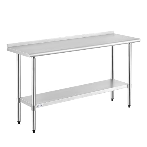 Image of ROCKPOINT Stainless Steel Table for Prep & Work with Backsplash 18x60 Inches, NSF Metal Commercial Kitchen Heavy Duty Table with Adjustable Under Shelf and Table Foot for Restaurant, Home and Hotel