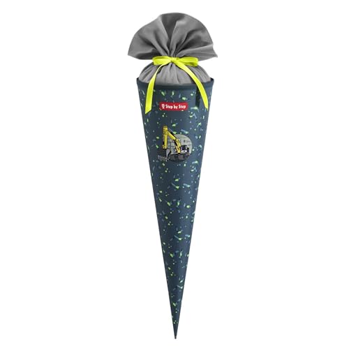 Step by Step Schultüte Bagger Rocco gelb-grau passend zum Schulranzen aus recycelten PET-Flaschen Verschluss aus Stoff 5 l Füllvolumen 70 cm Höhe