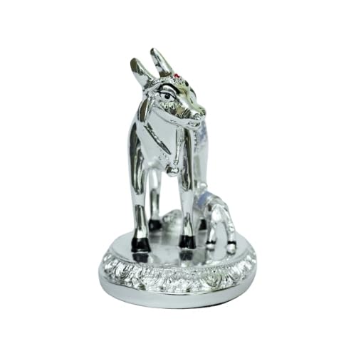 Image of Oval Base Silver Cow with Calf Small | Silver Plated Kamadhenu Idol for Pooja, Vastu, Festival, Diwali,Mandir Decor & Auspicious Gift | Hindu God for Temple | Size 8.5 cm x 5 cm x 5.5 cm