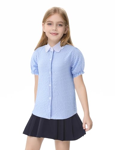 Image of Girls Button Down Shirt Puff Sleeves Blouse Summer Cute Top Doll Collar School Uniform, 4-13Y