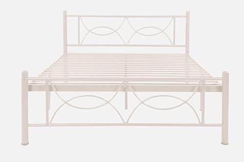 Image of Luno Metal Queen Size Bed Without Storage | Wrought Iron Double Bed with Headboard & Footboard | Sturdy Powder Coated Platform Bed Queen Size Cot for BedroomLivingRoom Ivory (75x60)