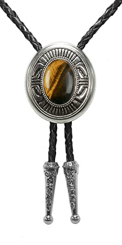 Image of Moranse Bolo Tie with Natural Tiger Eye Stone Celtic Style Genuine and Cowhide Rope