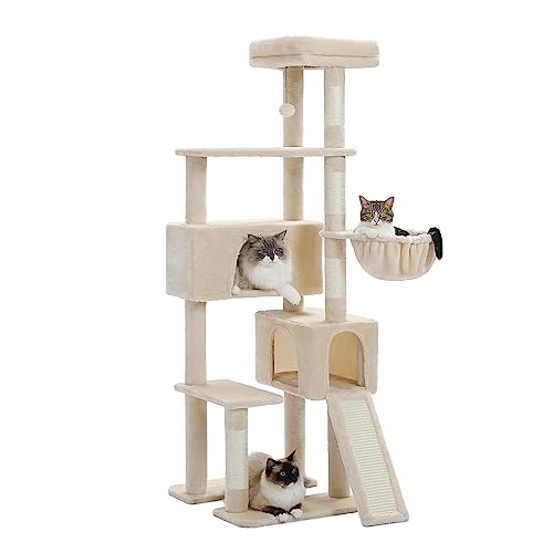 PAWZ Road Cat Tree, 60 Inches Cat Tower with Dual Condos, Spacious Perch, Cozy Basket and Sisal-Covered Scratching Posts for Indoor Cats- Beige
