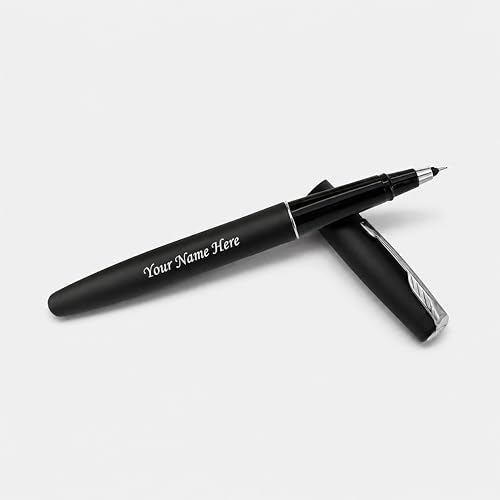 Image of SAVRI Personalized Parker Roller Pen with Name Engraved | Teacher's Day, Valentine's Day, Employee Corporate Gift | Matte Black Pen with Blue Refill | Customized, Printed, Name on It.