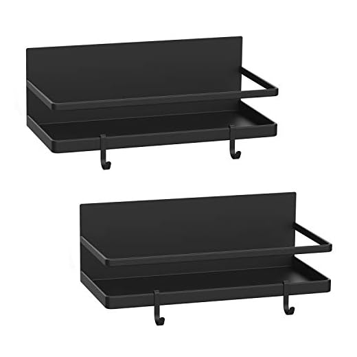 Thipoten Magnetic Spice Rack, Strong Magnetic Shelf with 2 Removable Hooks, Perfect Space Saver for Small Kitchen/Apartment, Awesome Metal Cabinet for Holding Spices, Jars, Bottle, Beve(Black, 2Pack)