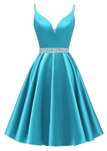 A-line Satin Prom Dresses Sleeveless for Women, Short V Neck Spaghetti Straps Homecoming Dresses Evening Dresses