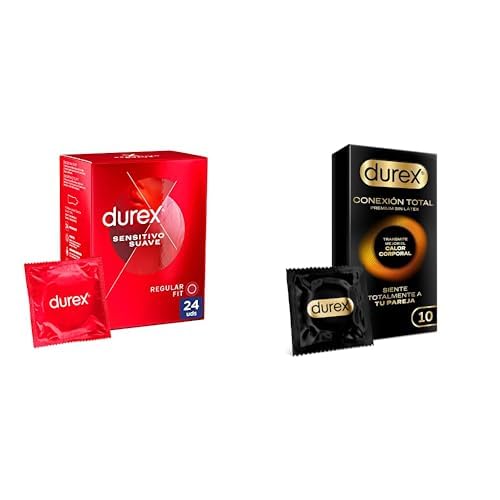 Lote de Durex Preservativos Sensitivo Suave, 24 condones + Durex Conexión Total Preservativo Ultra Fino Plus sin Látex con Tecnología Body Feel que Transmite Mejor el Calor Corporal, 10 Condones