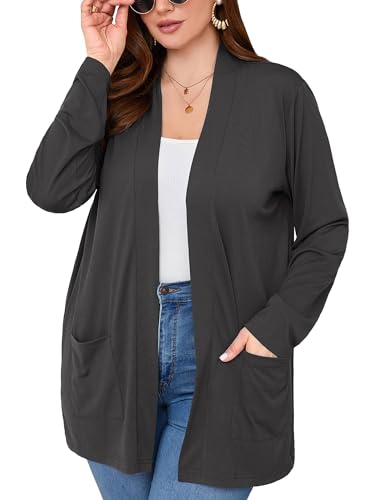 Image of AusLook Plus Size Lightweight Cardigans for Women Open Front Pockets Jacket | 1X-5X,Soft Stretch,Long Sleeve,Longline Coverage,Dress Jeans Layer,Work Travel Style,Spring Fall Wear
