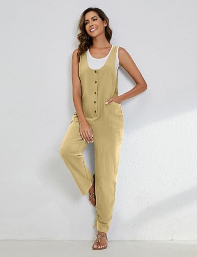 Image of Yeokou Womens Overalls Linen Cotton Jumpsuits Loose Casual Jumpers with Pockets
