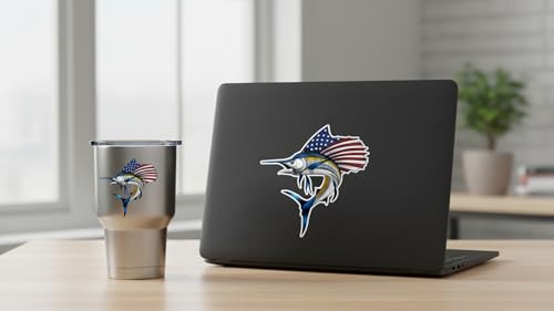 Image of USA Marlin Fish Sticker Patriotic 3 Pieces Set, Salt Water Fish Sticker, Swordfish Decal, 3 Inches - Self Adhesive Vinyl, Weatherproof - for Car Bumper, Laptop, Tumbler, Helmet