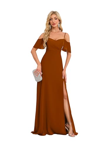 Image of Chiffon Bridesmaid Dress with Slit 2025 Long Pleated Off The Shoulder Formal Dress Burnt Orange Size 0 HGR93