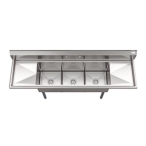 Image of KoolMore 75 in. Three Compartment 16-Gauge Stainless-Steel Commercial Kitchen Sink, Bowl Size 15x15x14, with Three Basins and Pre-Drilled Faucet Holes for Restaurants and Cafes (KM-SC151514-15B316)