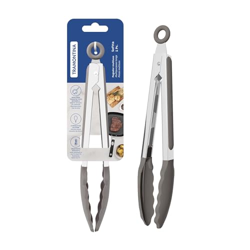 Image of Tramontina Softta Grey Silicone Multipurpose Tongs, 27cm - Heat Resistant up to 210C -Stainless Steel Handle with Pull-Ring Lock - Ideal for Grilling, Serving & Cooking