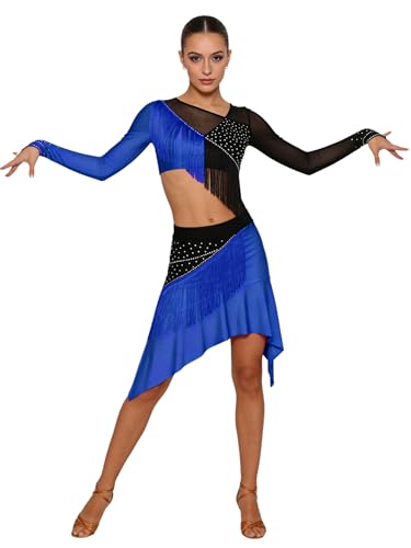 Kombianzug de Danse Color-Block et Franges Fluides avec Jupe Bleu Royal