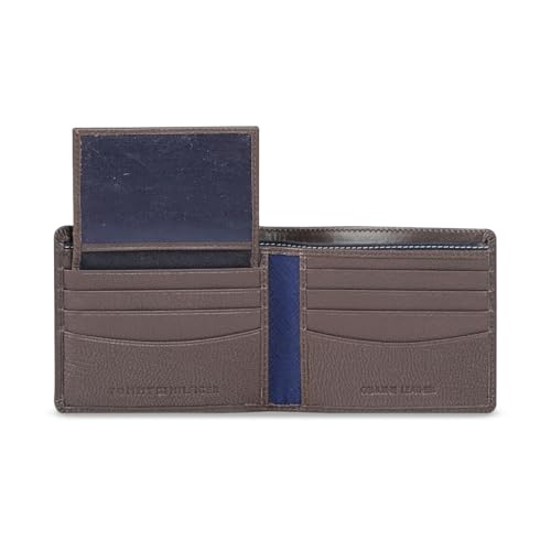 Image of Tommy Hilfiger Men's Leather Wallet Pocos | Brown Solid Passcase Bi-Fold with 12 Card Slots | Stylish Purse for Gents