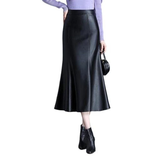 Women Long Leather Trumpet Skirt Office Elegant High Waist Mi Length Bodycon Skirts