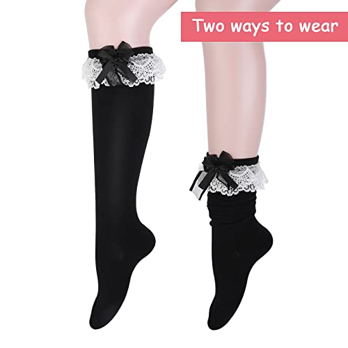 Women's Soft Knee High Cotton Socks with Lace Ruffle Bows - Tube Stockings for Lolita (Black)3