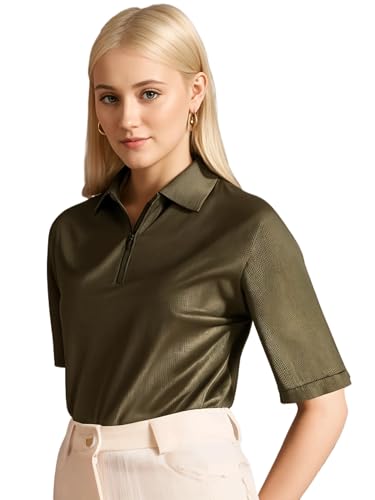 Image of Mack Jonney Ribbed |Regular Fit | Half Sleeves 100% Cotton Polo Neck Self Design with Zip T-Shirt for Women-M950