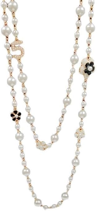 Imitation Pearl Neckalce Camellia Flower Number 5 Long Layered Charm,Long Layered Charm Sweater Neckalce for Women