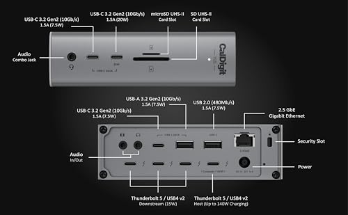 Image of CalDigit TS5 Thunderbolt 5 Dock - 15 Port, 140W Charging, 80Gb /s TBT 5 x 4, USB-C 10Gb x 3, USB-A x2, 2.5Gb Ethernet, Dual 8K@60Hz Displays, SD & microSD UHS-II, 1m Braided Cable, Space Gray 240W PSU