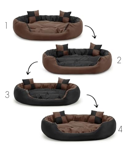 lionto Hundebett 4-in-1 mit Wendekissen aus robustem Oxford, 85x70 cm, Heimtierkissen Kratzfest mit tiefem Einstieg für Katzen und Hunde Aller Größen, inkl. Zierkissen, wasserabweisend, schwarz/braun