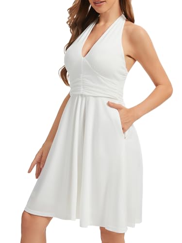 Image of Women's Summer Sundress- 2025 Sexy Halter Sleeveless Spring Boho Elastic Waist Ruffle Mini Dress