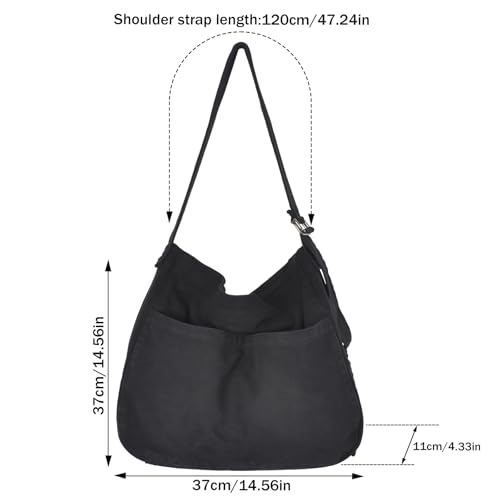 SAVOSWEET Shopper Tasche Stoff, Schultertasche Canvas, Umhängetasche Unisex Groß mit Reißverschluss Schwarz, Einkaufstasche Faltbar, Leinwand Handtasche für Büro Schule Reisen Einkaufen