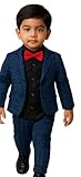Boy Formal Suit Set – Blazer, Polka Dot Shirt, Bow Tie & Pants 4-Piece Outfit for Weddings, Birthdays & Special Occasions Design No Floral Blue BLZ Size 1-2 Years