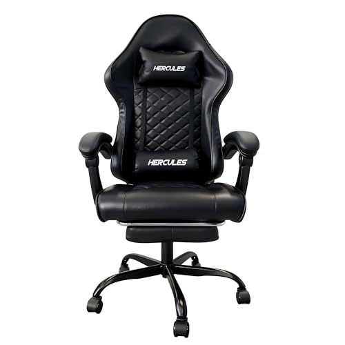 HERCULES ゲーミングチェア 高級PUレザー 設計 リクライニング90-130度 フットレスト付き 昇降アームレスト ヘッド＆腰サポート ブラック