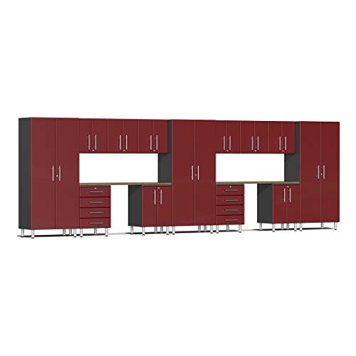 Ulti-MATE UG22152R 15-Piece Garage Cabinet Kit with Bamboo Worktops in Ruby Red Metallic