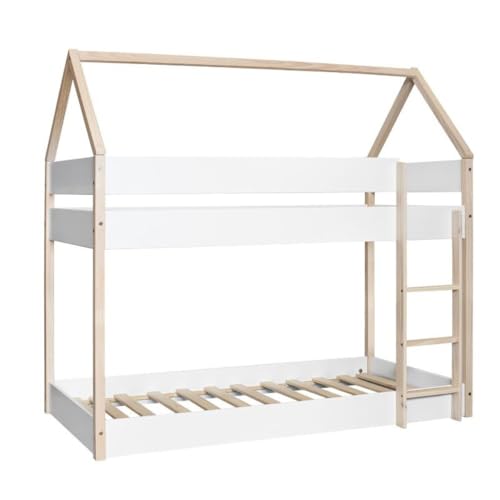 Mobelcenter, Litera Montessori, Litera Infantil con Techo, Acabado en Blanco y Natural, Somieres incluidos, Medidas: Ancho: 199,5 cm x Fondo: 96,6 cm x Alto: 183,5 cm (1526)