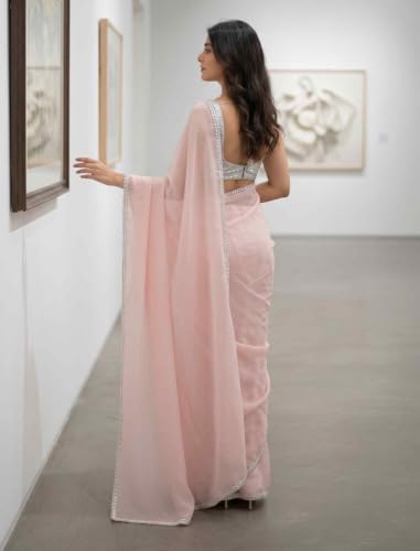 Image of FREE SPIRIT Women's Jimmi Choo Saree with Unstitched Blouse Piece Lace Border and Solid Pattern | Indian Saree for Women | Fancy Designer Sarees | Premium Saree for Womans