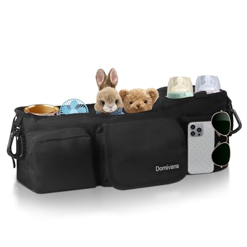 Image of Domivans Double Stroller Organizer,Double Stroller Caddy for Bob Duallie and Baby Jogger City Mini GT2,Extra Large Double Baby Stroller Accessories with Cup Holder,Black(Empty Bag)