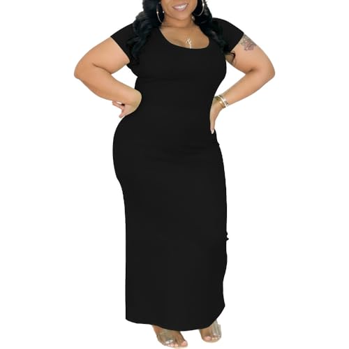 Mrskoala Women Plus Size Bodycon Maxi Dress Stretchy Knit Curve Hugging Short Sleeve Long Dresses Black 4XL