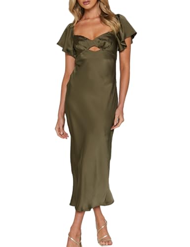 Summer Satin Flutter Sleeve Wedding Guest Dresses for Women Sweetheart  Neckline Cutout Tie Back Midi Cocktail Dress Army : Clothing, Shoes &  Jewelry - Amazon.com