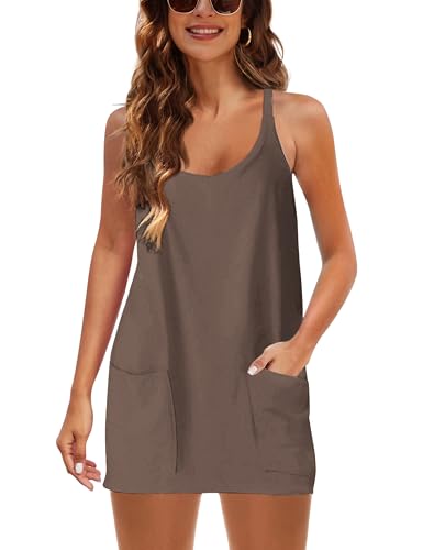 Image of Lianlive Women Athletic Mini Dresses Built-in Shorts Set Summer Sleeveless Sundress Hot Shot Mini Dress